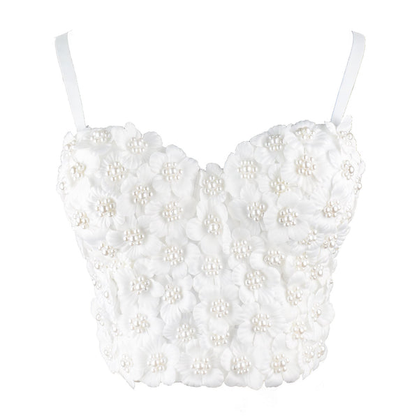Women's 3D Floral Pearl Bustier Crop Top Party Club Bra Tops White - FANCYMAKE
