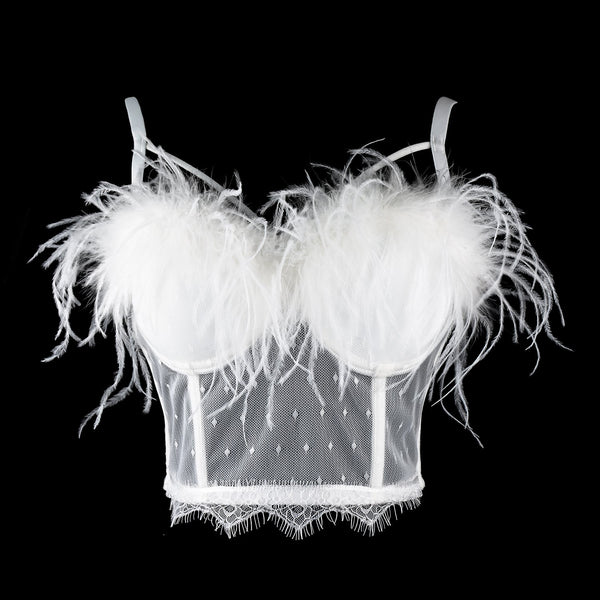 Women's Feather Tassel Cut Cross Strappy Lace Bustier Tops Sexy Club Party Crop Top White - FANCYMAKE