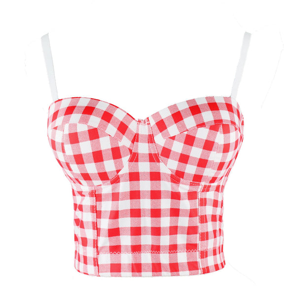 Women's Plaid Bustier Crop Top Sexy Women's Corset Top Bra Red - FANCYMAKE