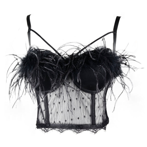 Women's Feather Tassel Cut Cross Strappy Lace Bustier Tops Sexy Club Party Crop Top Black - FANCYMAKE