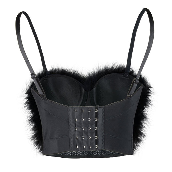 Women's Feather Fur Bustier Crop Top Push Up Celebrity Solid Corset Top Bra Black - FANCYMAKE