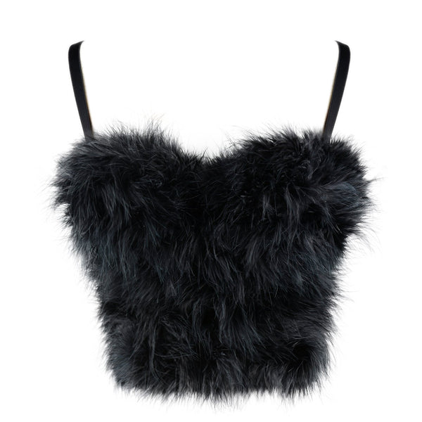 Women's Feather Fur Bustier Crop Top Push Up Celebrity Solid Corset Top Bra Black - FANCYMAKE