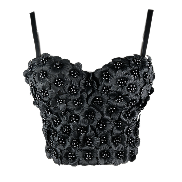 Women's 3D Floral Pearl Bustier Crop Top Party Club Bra Tops Black - FANCYMAKE