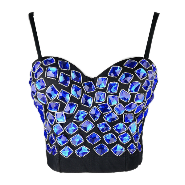 Women's Blue Rhinestone Beaded Punk Bustier Crop Top Party Club Corset Bra