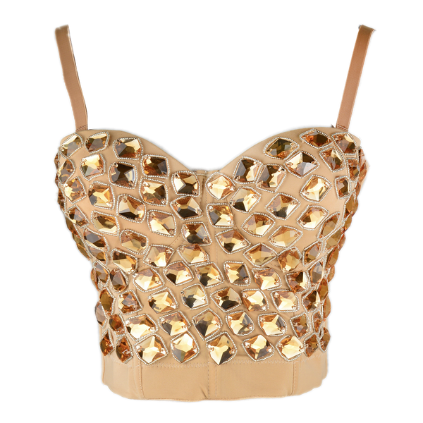 Women's Gold Rhinestone Beaded Punk Bustier Crop Top Party Club Corset Bra - FANCYMAKE