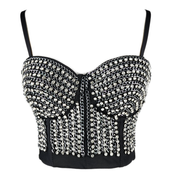 Women's Rhinestone Diamond Chain Bustier Crop Top Corset Top Bralet Silver - FANCYMAKE
