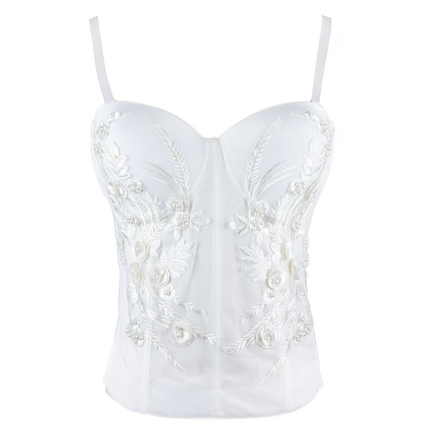 Women's Pearls Beaded Long Bustier Crop Top Embroidery Lace Corset Top Bodysuit White
 - FANCYMAKE