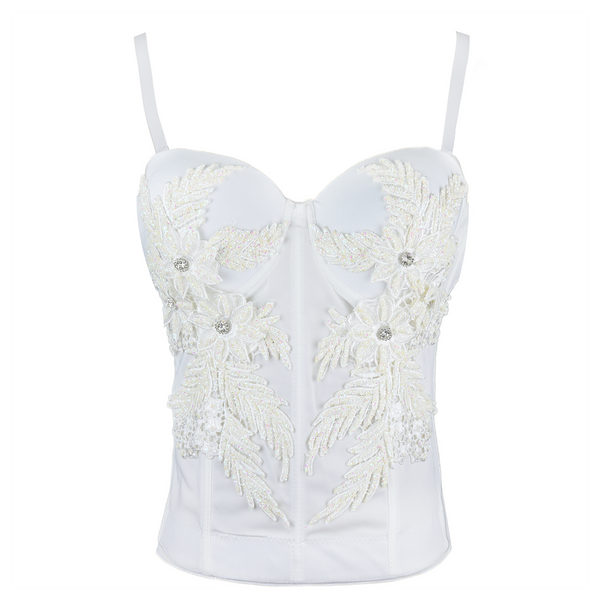 Women's Embroidery Lace Long Bustier Crop Top Corset Tube Bodysuit White
 - FANCYMAKE