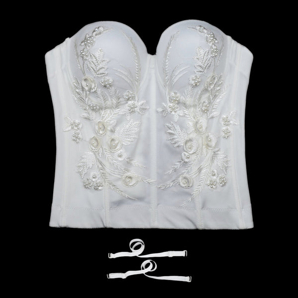 Women's Embroidery Lace Long Bustier Crop Top Corset Tube Bodysuit White
 - FANCYMAKE