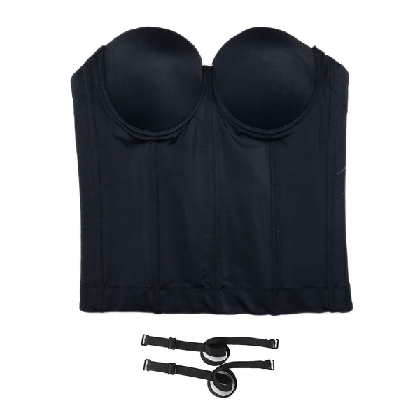 Women Smooth Long Bustier Crop Top Basic Corset Top Black with Detachable Straps - FANCYMAKE