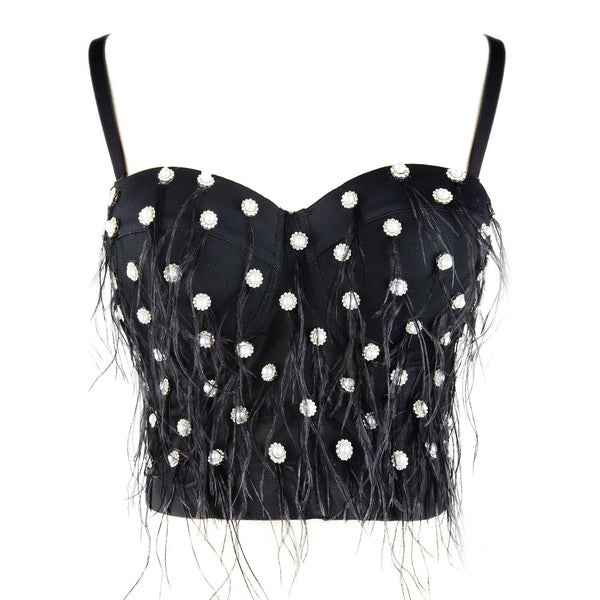 Women's Feather Tassel Rhinestone Bead Mesh Bustier Crop Top Sexy Corset Top Bralet Black - FANCYMAKE