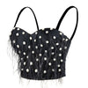 Women's Feather Tassel Rhinestone Bead Mesh Bustier Crop Top Sexy Corset Top Bralet Black