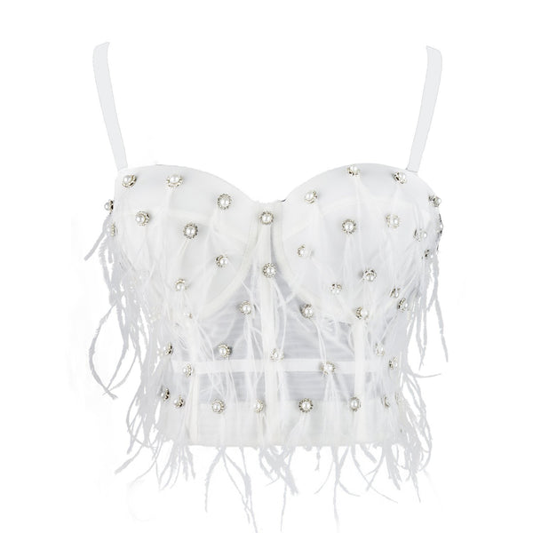Women's Feather Tassel Rhinestone Bead Mesh Bustier Crop Top Sexy Corset Top Bralet White - FANCYMAKE