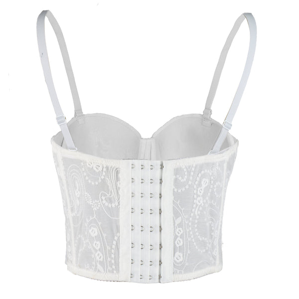 Women's Floral Lace Button Mesh Bustier Crop Top Sexy Corset Bra White - FANCYMAKE