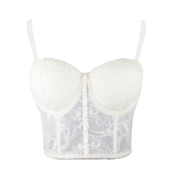 Women's Floral Lace Button Mesh Bustier Crop Top Sexy Corset Bra White - FANCYMAKE