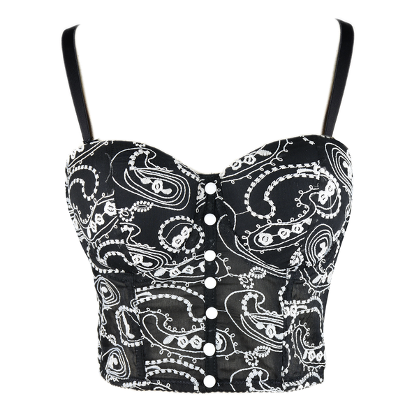 Women's Floral Lace Button Mesh Bustier Crop Top Sexy Corset Bra Black - FANCYMAKE