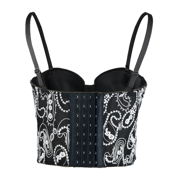 Women's Floral Lace Button Mesh Bustier Crop Top Sexy Corset Bra Black - FANCYMAKE