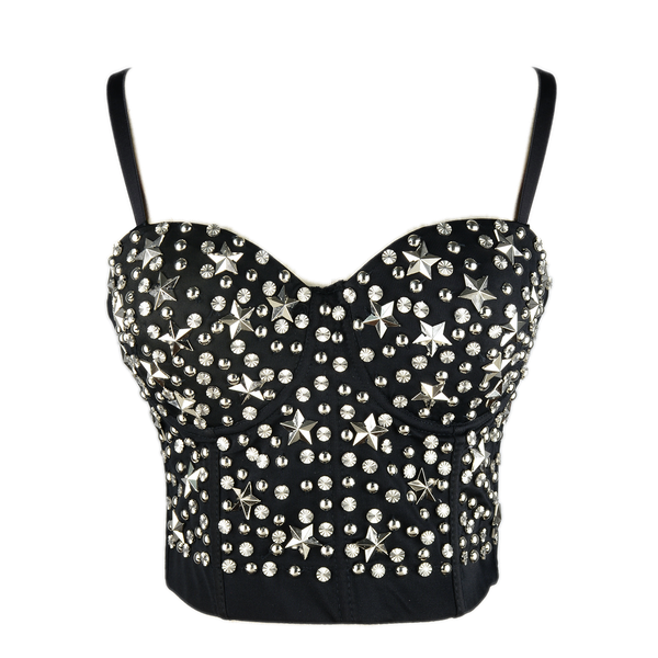 Women Silver Metal Star Rustic Smooth Punk Style Bustier Crop Top Corset Bra - FANCYMAKE