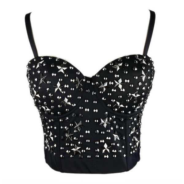 Women Black Metal Star Rustic Smooth Punk Style Bustier Crop Top Corset Bra - FANCYMAKE