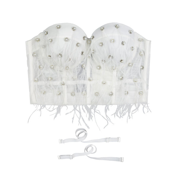Women's Feather Tassel Rhinestone Bead Mesh Bustier Crop Top Sexy Corset Top Bralet White - FANCYMAKE