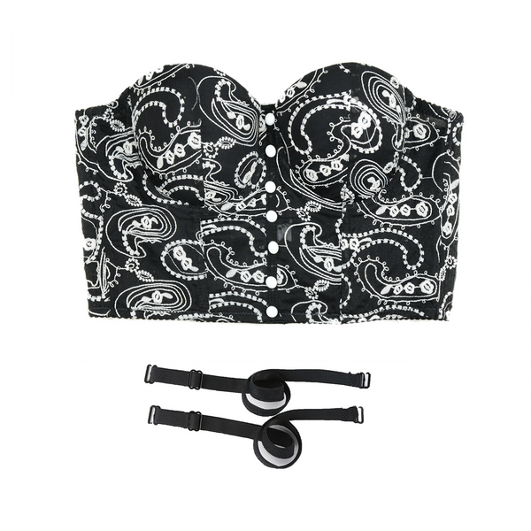 Women's Floral Lace Button Mesh Bustier Crop Top Sexy Corset Bra Black - FANCYMAKE