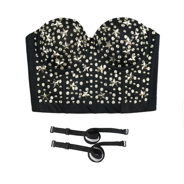 Women Silver Metal Star Rustic Smooth Punk Style Bustier Crop Top Corset Bra - FANCYMAKE