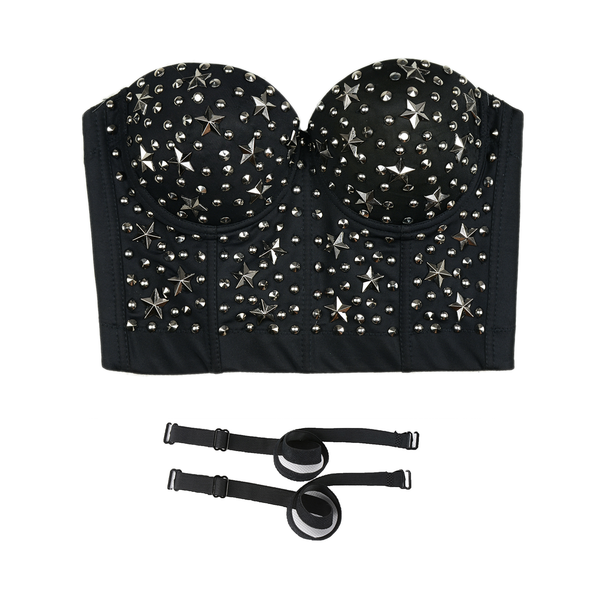Women Black Metal Star Rustic Smooth Punk Style Bustier Crop Top Corset Bra - FANCYMAKE