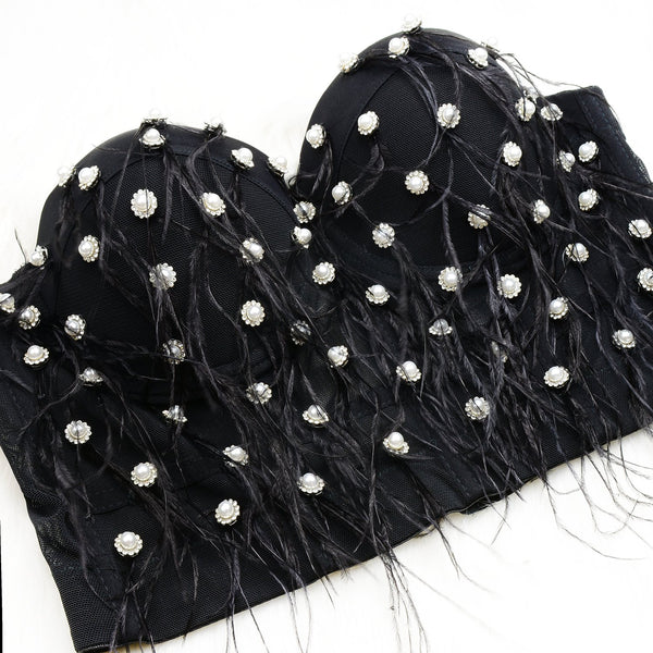 Women's Feather Tassel Rhinestone Bead Mesh Bustier Crop Top Sexy Corset Top Bralet Black - FANCYMAKE