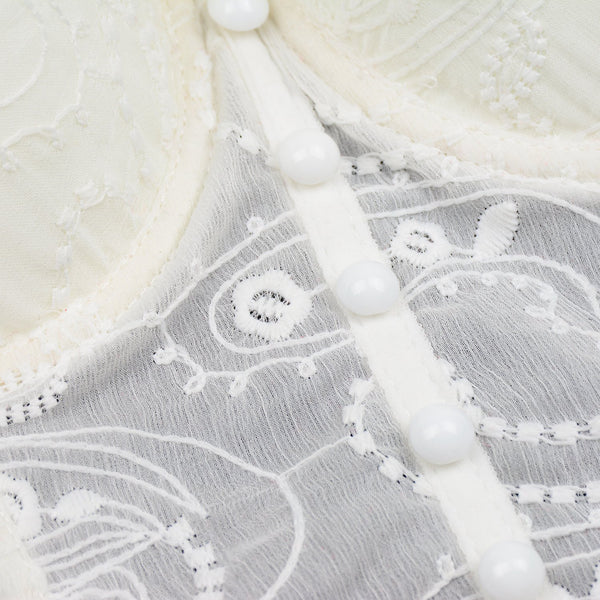 Women's Floral Lace Button Mesh Bustier Crop Top Sexy Corset Bra White - FANCYMAKE