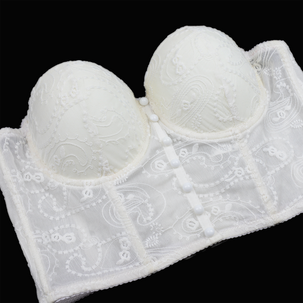 Women's Floral Lace Button Mesh Bustier Crop Top Sexy Corset Bra White - FANCYMAKE