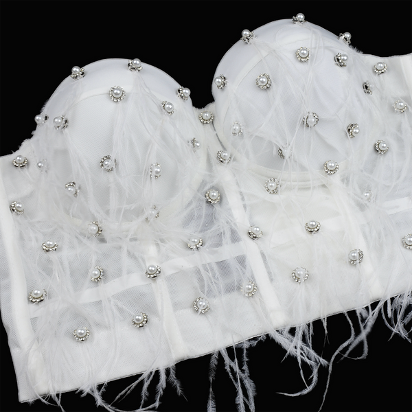 Women's Feather Tassel Rhinestone Bead Mesh Bustier Crop Top Sexy Corset Top Bralet White - FANCYMAKE