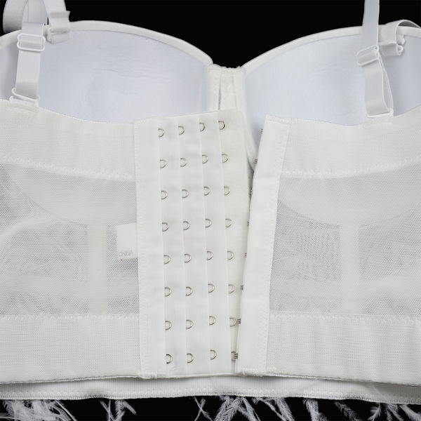 Women's Feather Tassel Rhinestone Bead Mesh Bustier Crop Top Sexy Corset Top Bralet White - FANCYMAKE