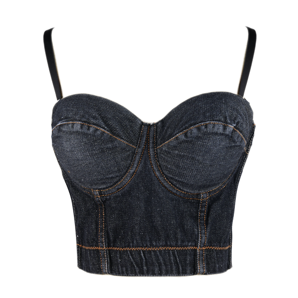 Women's Deium Bustier Crop Top Jean Corset Top Bra with Detachable Straps Black
 - FANCYMAKE