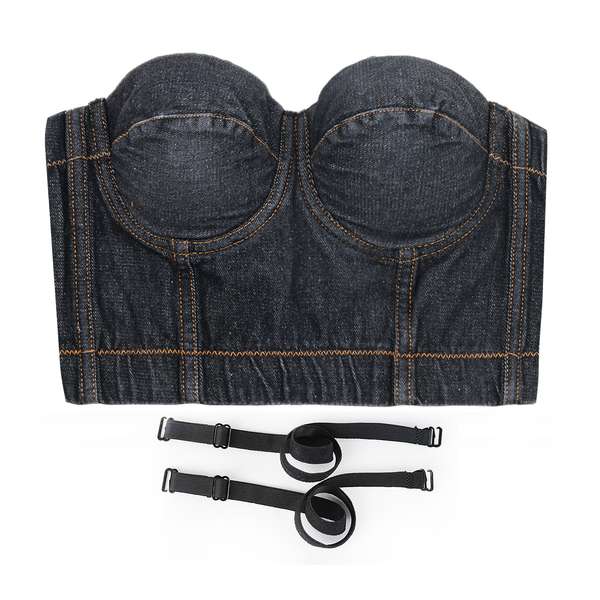 Women's Deium Bustier Crop Top Jean Corset Top Bra with Detachable Straps Black
 - FANCYMAKE