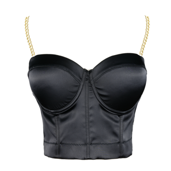 Women's Satin Bustier Crop Top with Gold Chain Shoulder Strap Black - FANCYMAKE