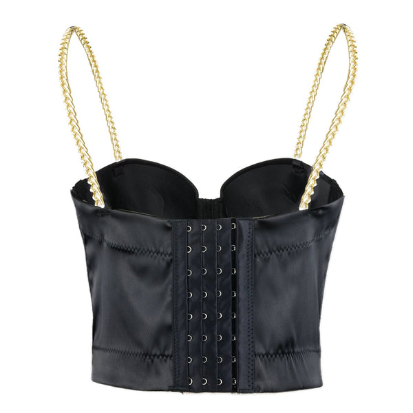 Women's Satin Bustier Crop Top with Gold Chain Shoulder Strap Black - FANCYMAKE