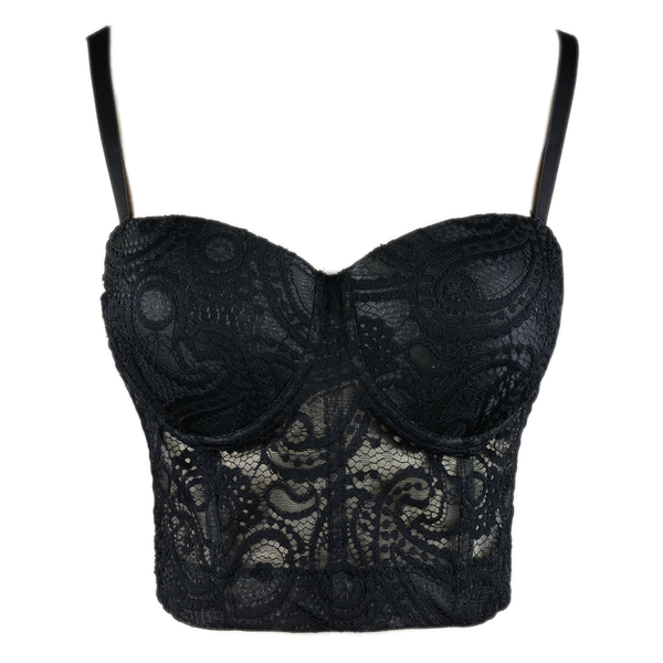 Women's Paisley Mesh Lace Bustier Crop Top Sexy Corset Top Bra Black - FANCYMAKE