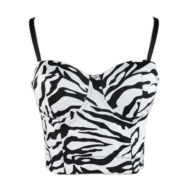 Zebra Pattern Bustier Crop Top Push Up Women's Corset Top Bra Black - FANCYMAKE