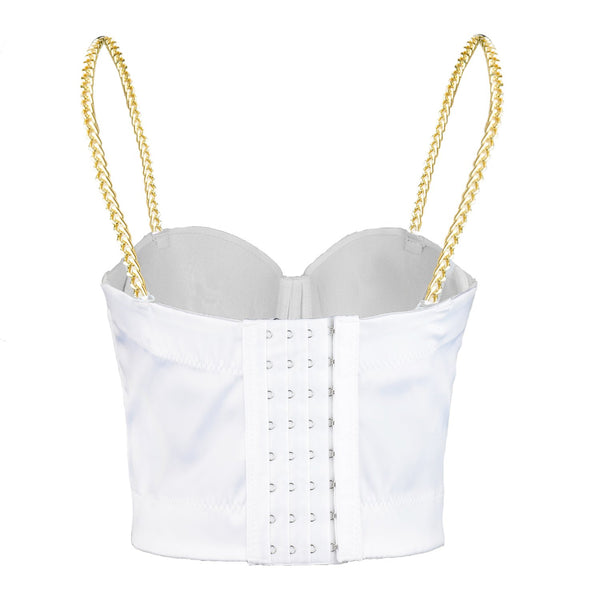 Women's Satin Bustier Crop Top with Gold Chain Shoulder Strap White - FANCYMAKE
