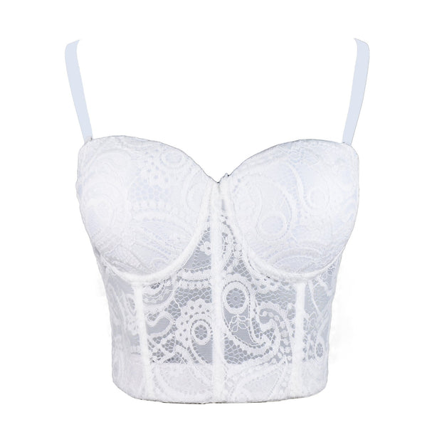 Women's Paisley Mesh Lace Bustier Crop Top Sexy Corset Top Bra White - FANCYMAKE