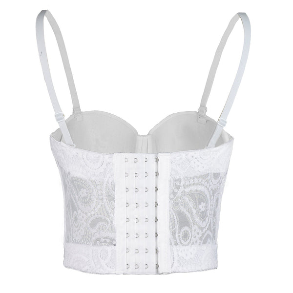 Women's Paisley Mesh Lace Bustier Crop Top Sexy Corset Top Bra White - FANCYMAKE
