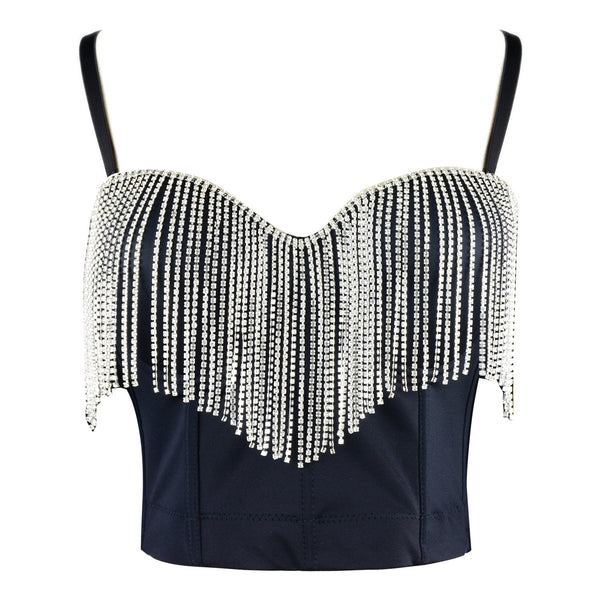 Women's Tassel Rhinestone Smooth Bustier Crop Top Corset Top Bra Black - FANCYMAKE