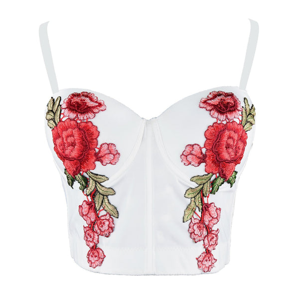 Women's Embroidery Floral Sexy Bustier Crop Top Smooth Corset Bra Tops White - FANCYMAKE