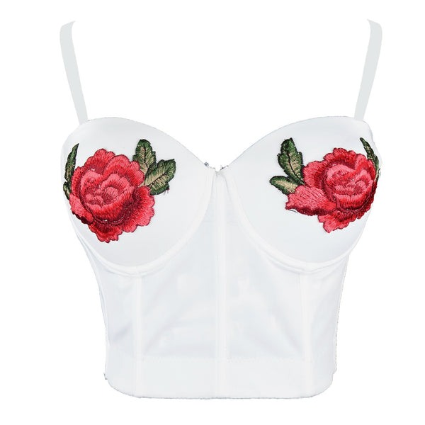 Women Embroidery Rose Smooth Bustier Crop Top Corset with Detachable Straps - FANCYMAKE