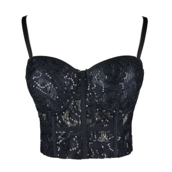 Women's Sequin Lace Bustier Crop Top Sexy Mesh Corset Vest Black - FANCYMAKE