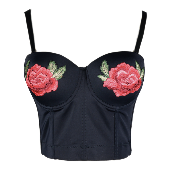 Women Embroidery Rose Smooth Bustier Crop Top Corset with Detachable Straps - FANCYMAKE