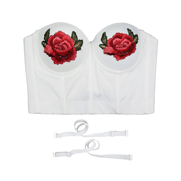 Women Embroidery Rose Smooth Bustier Crop Top Corset with Detachable Straps - FANCYMAKE