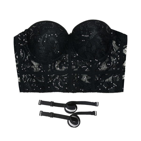 Women's Sequin Lace Bustier Crop Top Sexy Mesh Corset Vest Black - FANCYMAKE