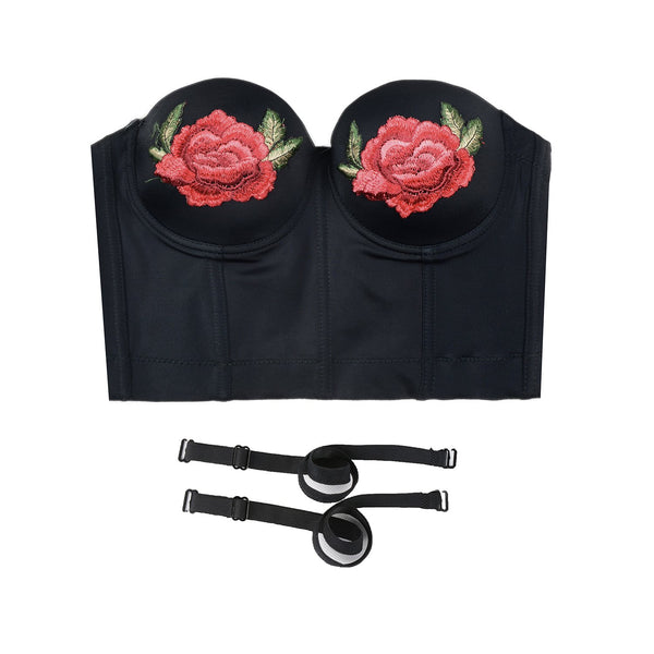 Women Embroidery Rose Smooth Bustier Crop Top Corset with Detachable Straps - FANCYMAKE