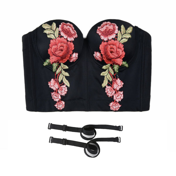 Women's Embroidery Floral Sexy Bustier Crop Top Smooth Corset Bra Tops Black - FANCYMAKE